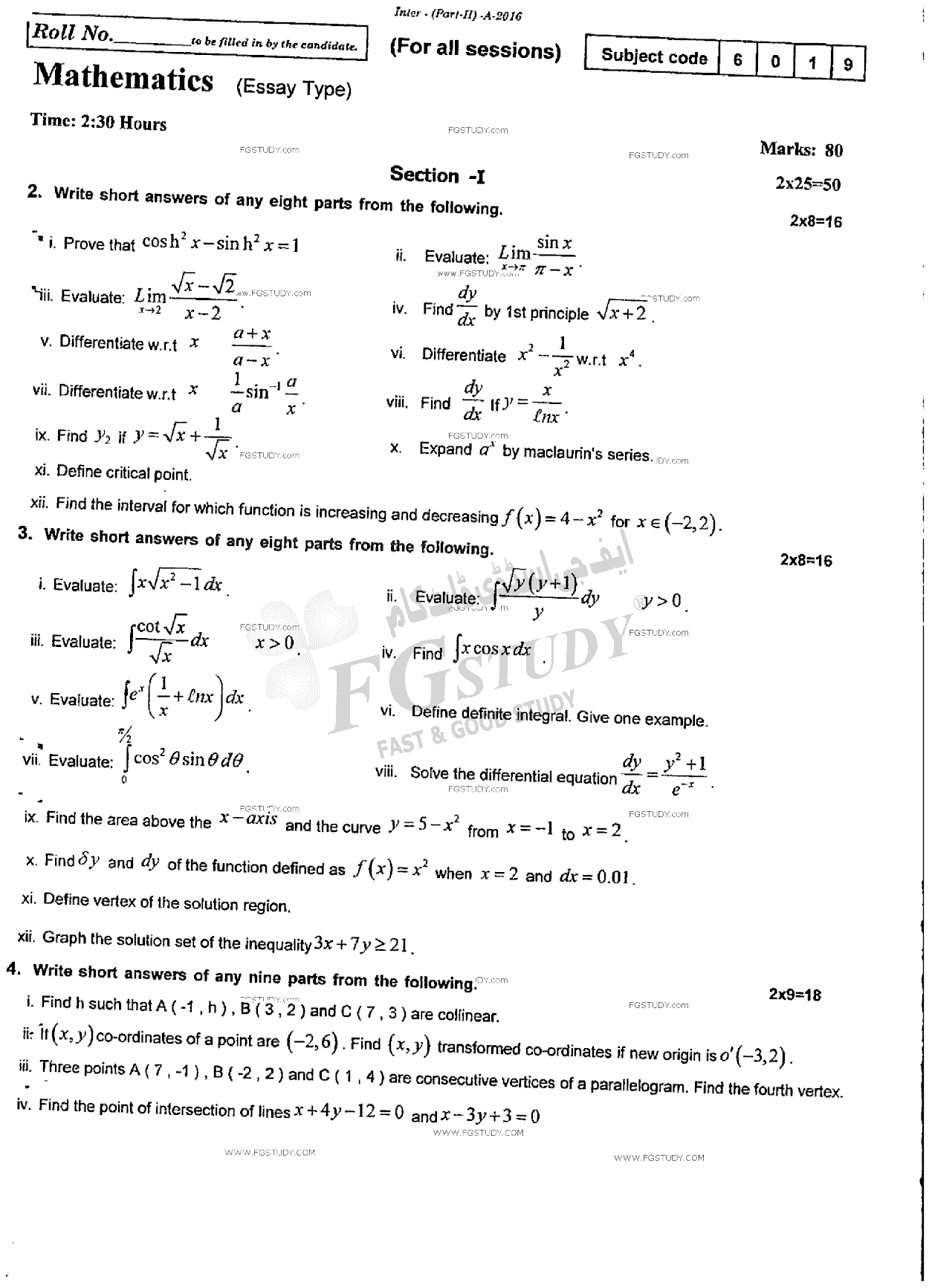 12th Class Mathematics Past Paper 2016 Rawalpindi Board Subjective