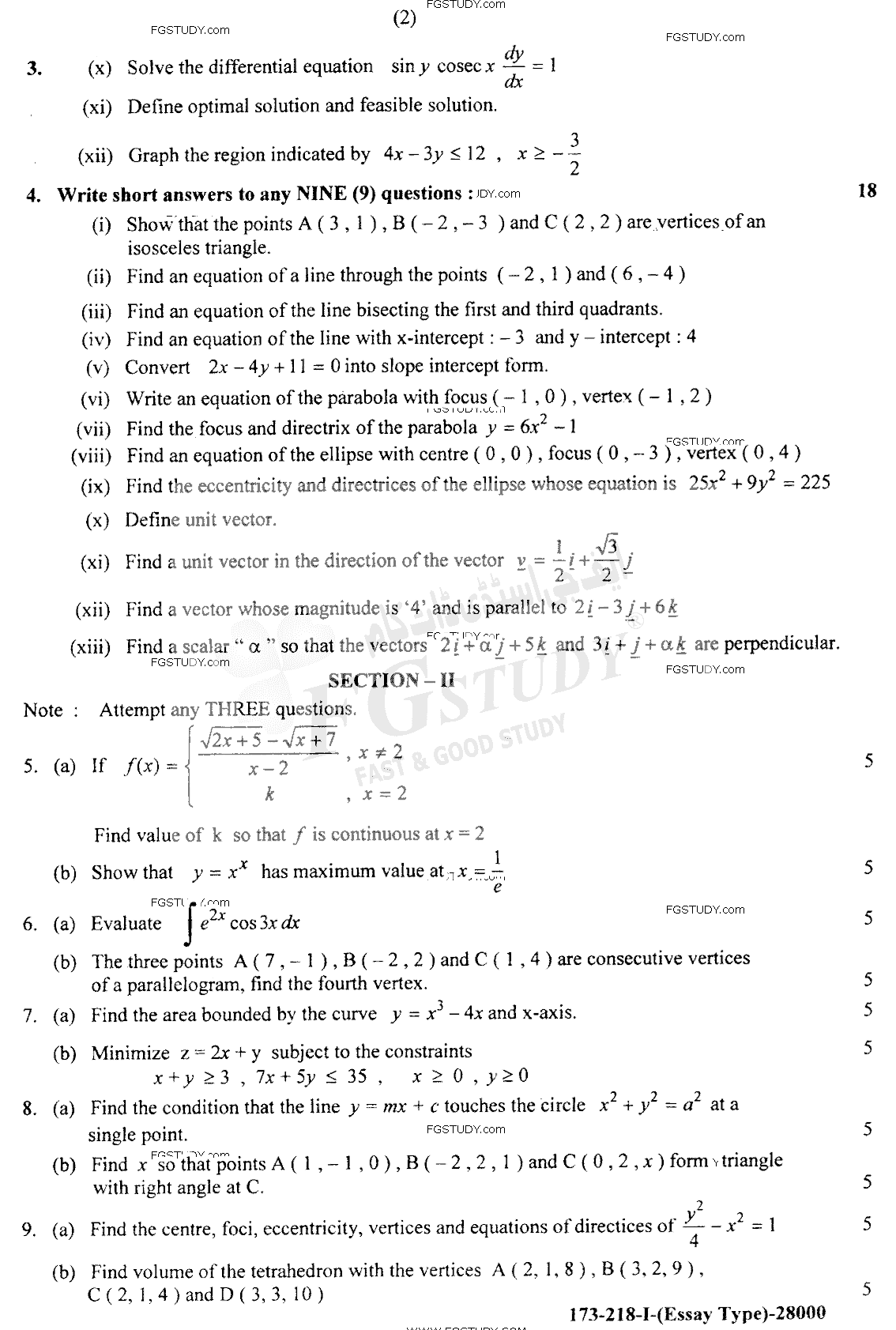 12th Class Mathematics Past Paper 2018 Lahore Board Group 1 Subjective