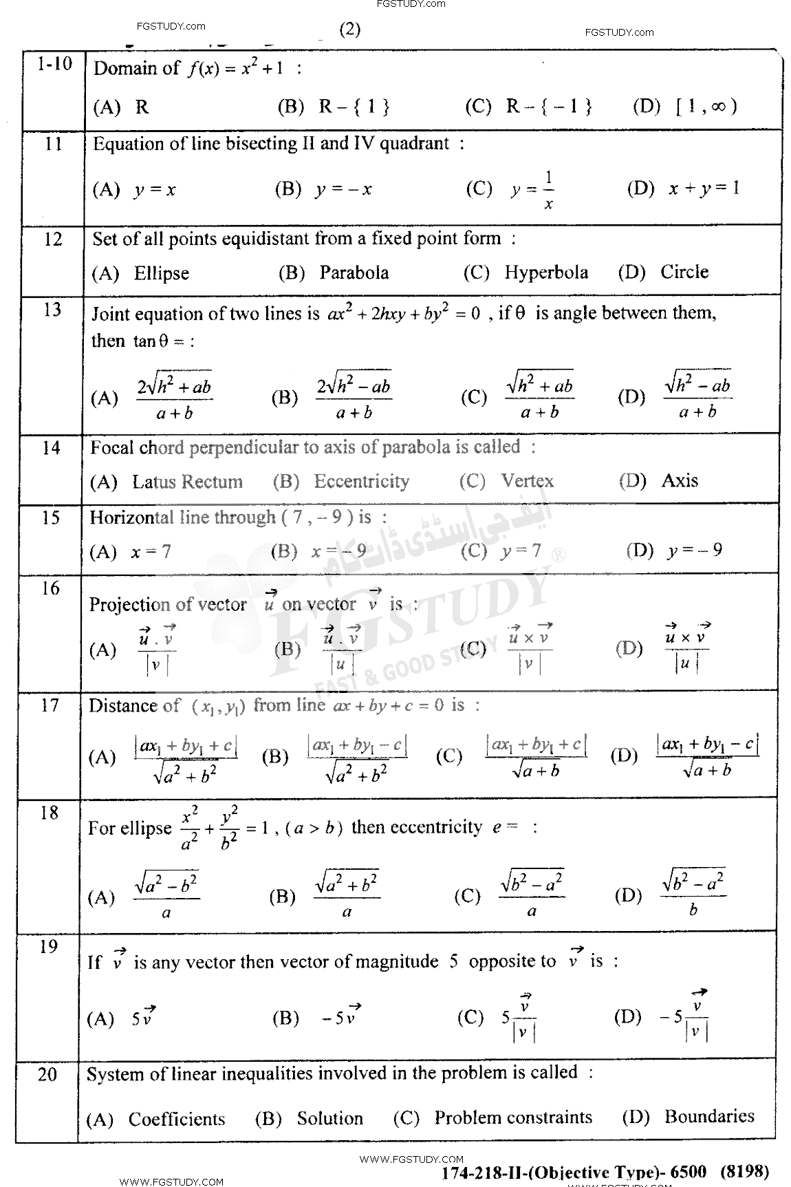 12th Class Mathematics Past Paper 2018 Lahore Board Group 2 Objective