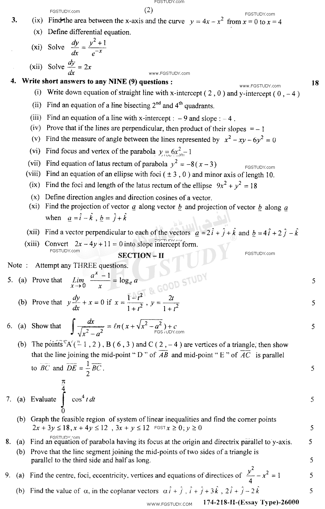 12th Class Mathematics Past Paper 2018 Lahore Board Group 2 Subjective