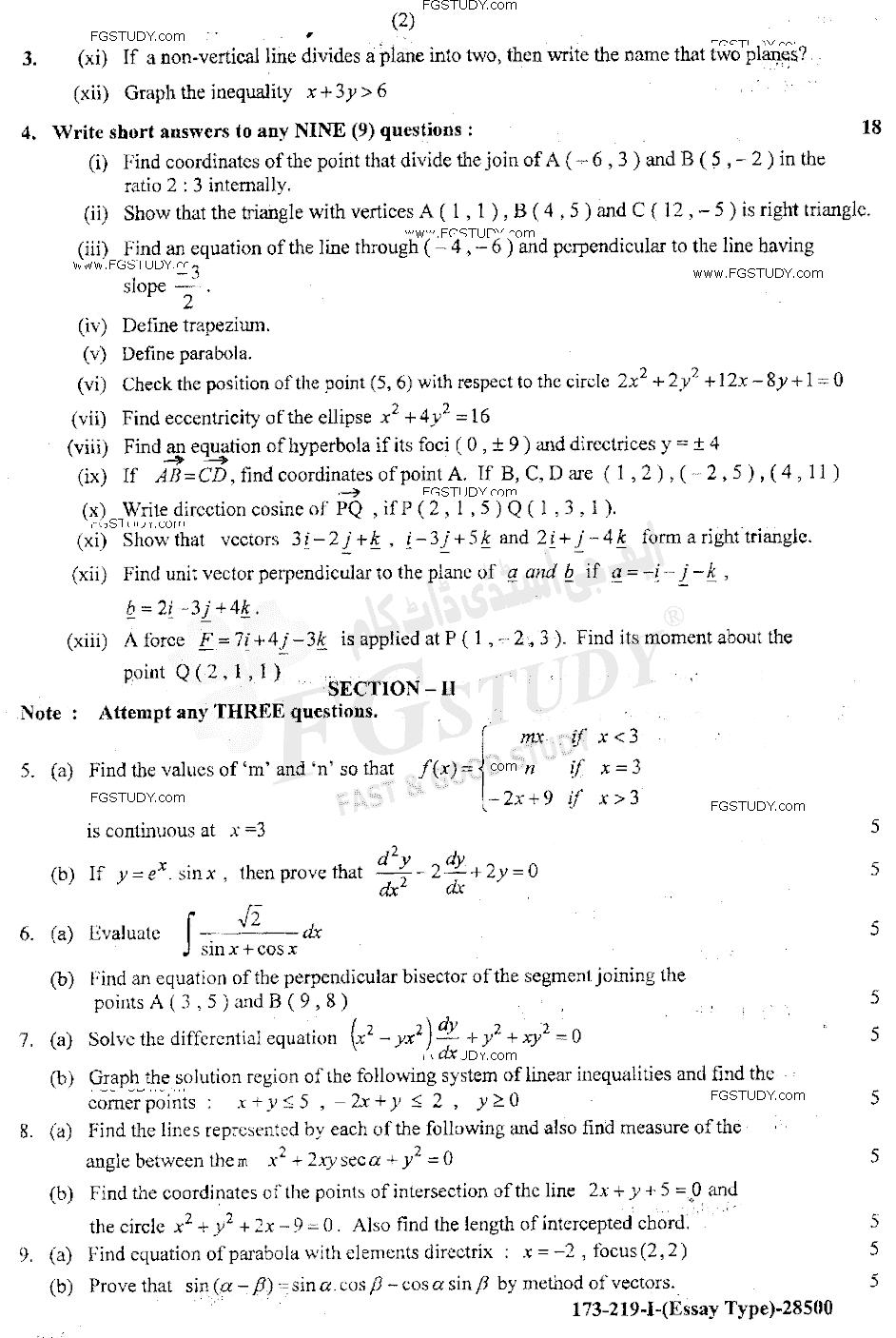 12th Class Mathematics Past Paper 2019 Lahore Board Group 1 Subjective