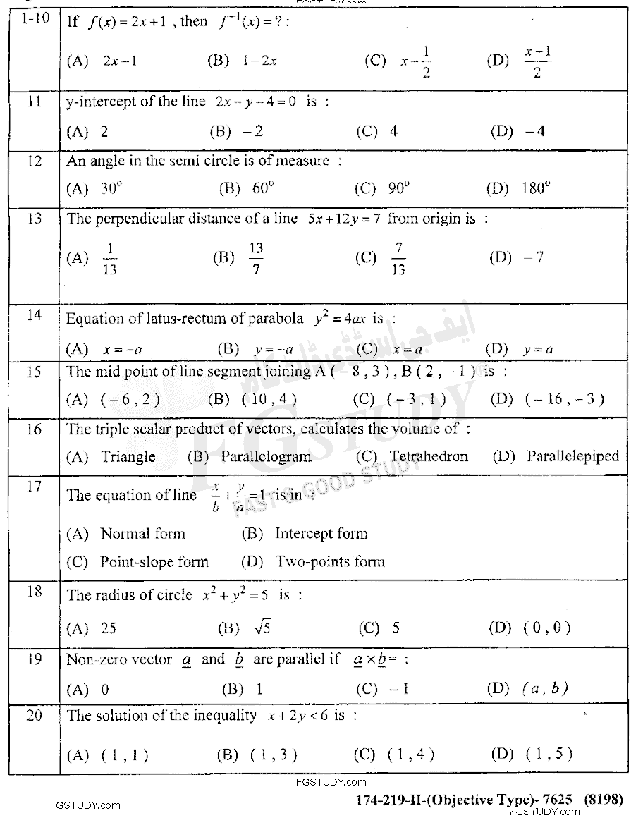 12th Class Mathematics Past Paper 2019 Lahore Board Group 2 Objective