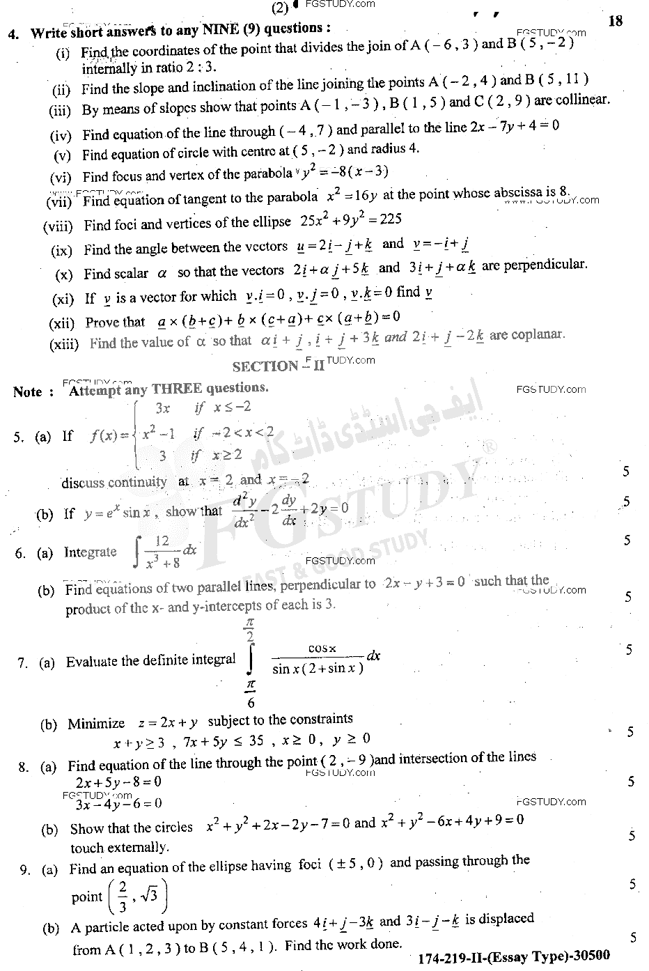 12th Class Mathematics Past Paper 2019 Lahore Board Group 2 Subjective