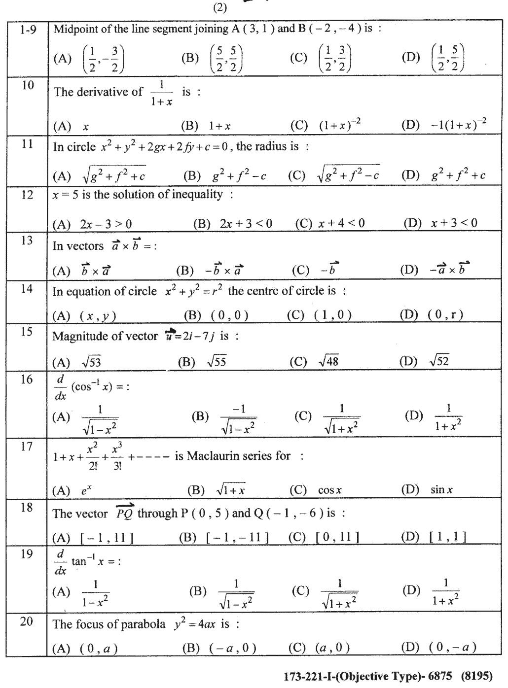 12th Class Mathematics Past Paper 2021 Lahore Board Group 1 Objective