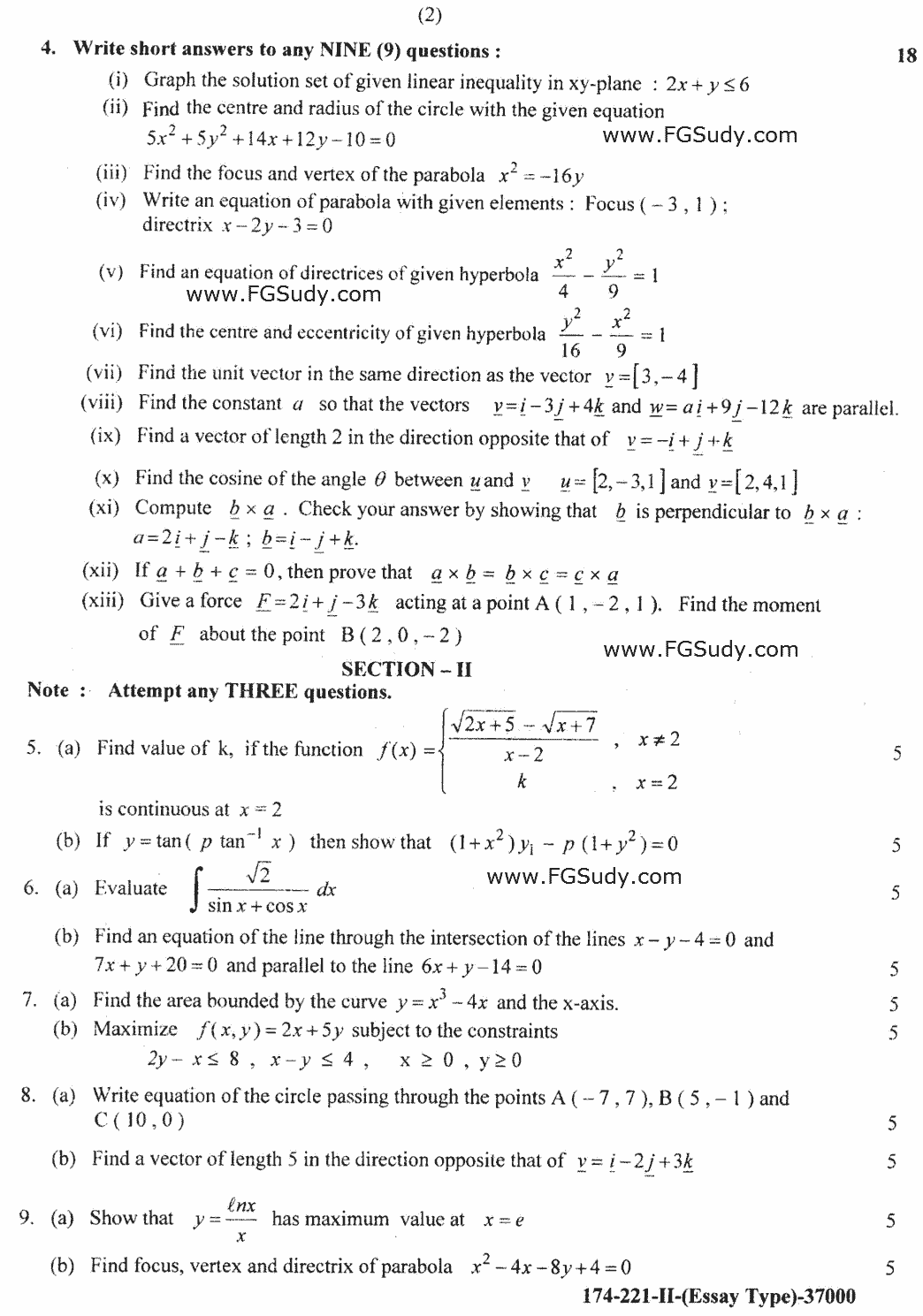 12th Class Mathematics Past Paper 2021 Lahore Board Group 2 Subjective