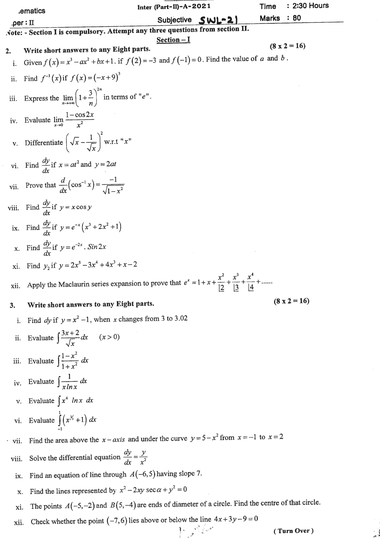 12th Class Mathematics Past Paper 2021 Sahiwal Board Subjective