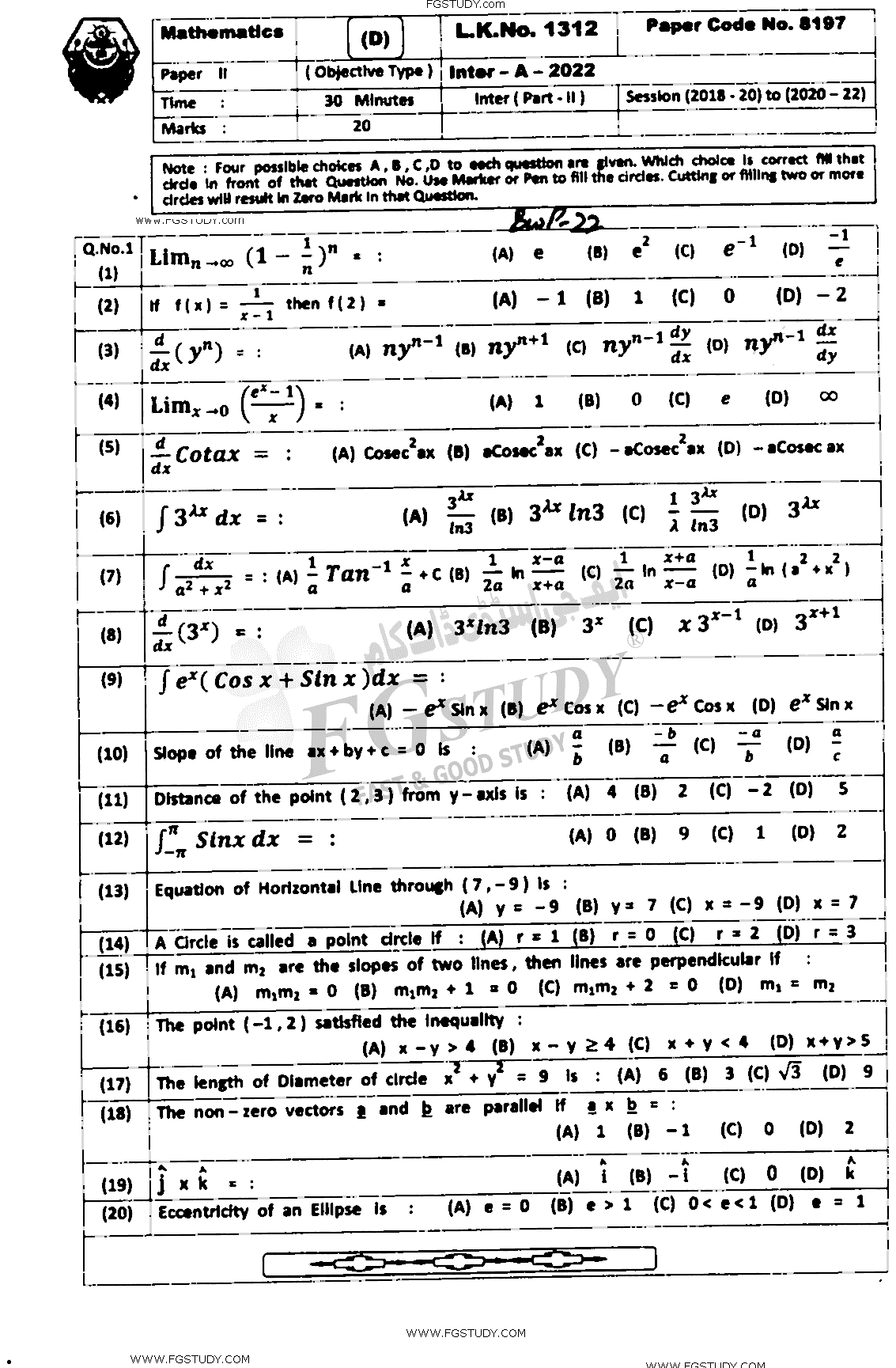 12th Class Mathematics Past Paper 2022 Bahawalpur Board Objective