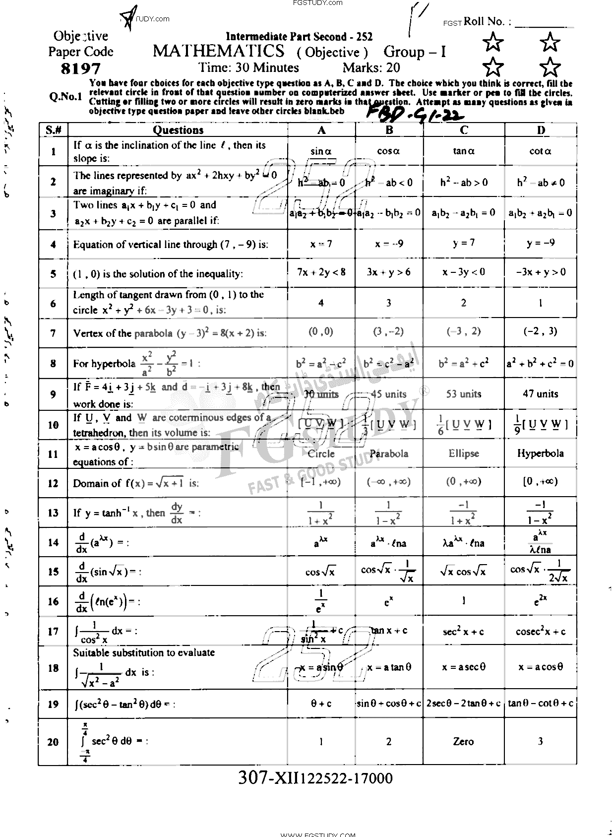 12th Class Mathematics Past Paper 2022 Faisalabad Board Group 1 Objective