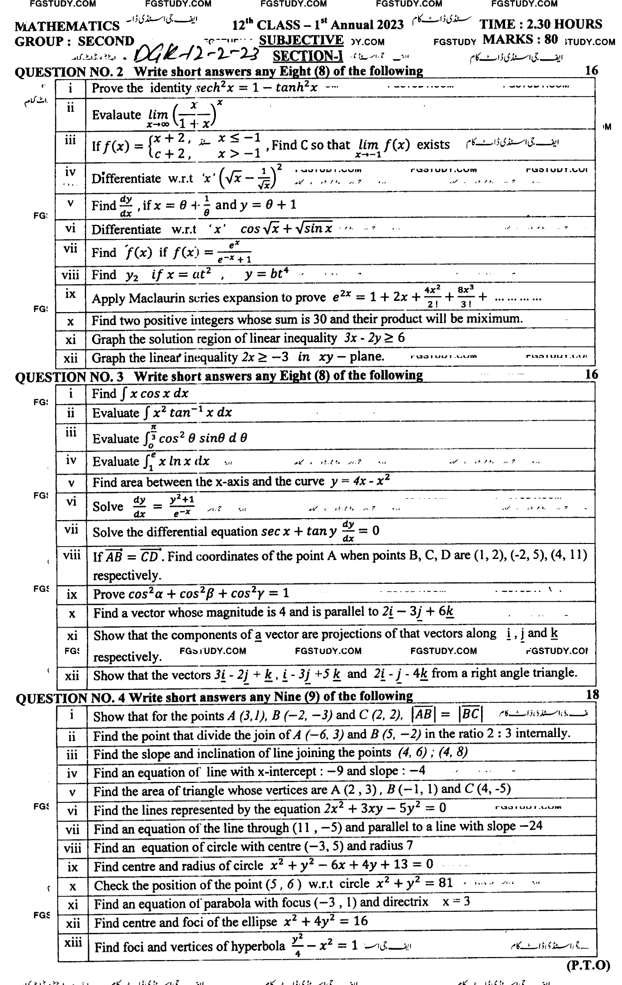 12th Class Mathematics Past Paper 2023 Dg Khan Board Group 2 Subjective