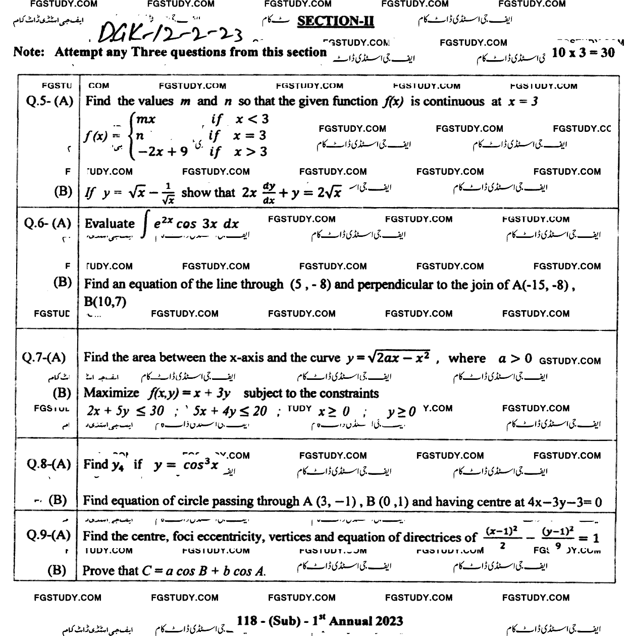 12th Class Mathematics Past Paper 2023 Dg Khan Board Group 2 Subjective