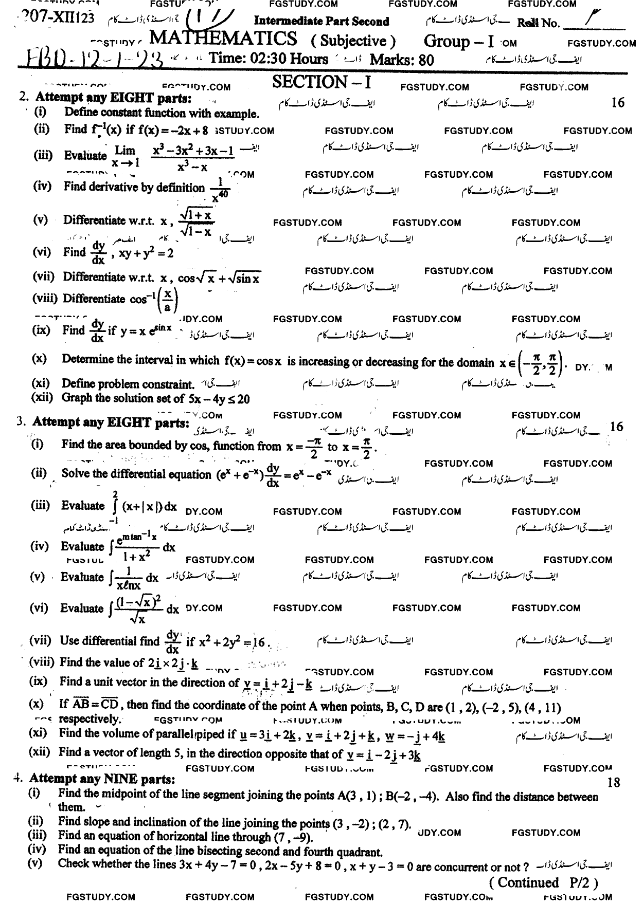 12th Class Mathematics Past Paper 2023 Faisalabad Board Group 1 Subjective