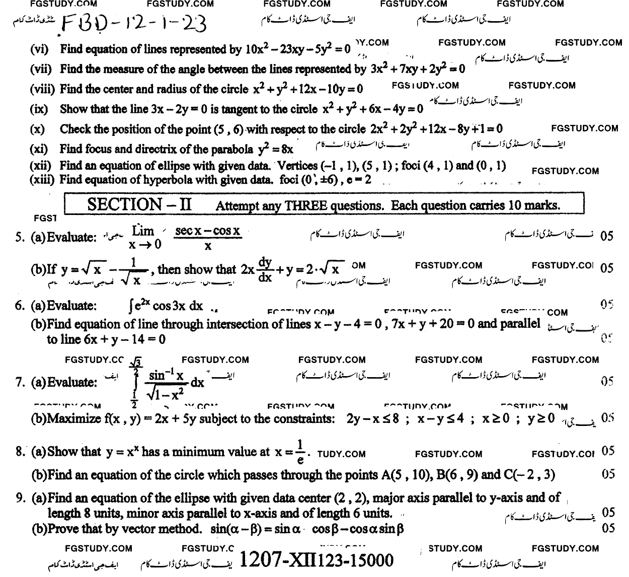 12th Class Mathematics Past Paper 2023 Faisalabad Board Group 1 Subjective