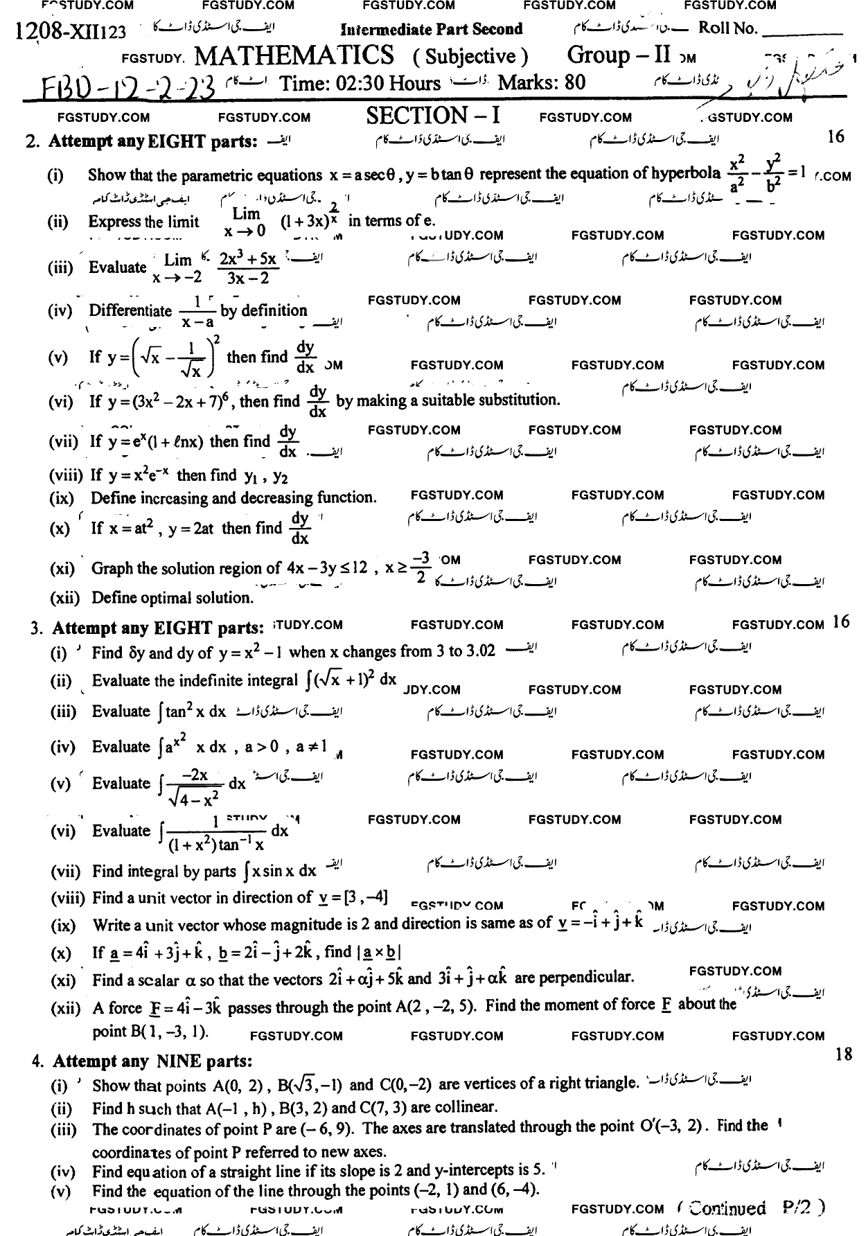 12th Class Mathematics Past Paper 2023 Faisalabad Board Group 2 Subjective