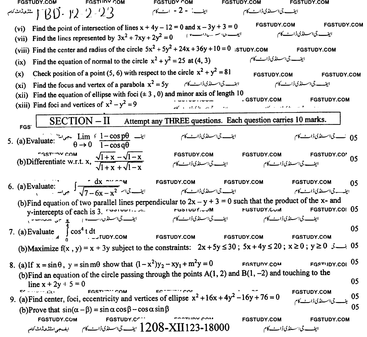 12th Class Mathematics Past Paper 2023 Faisalabad Board Group 2 Subjective