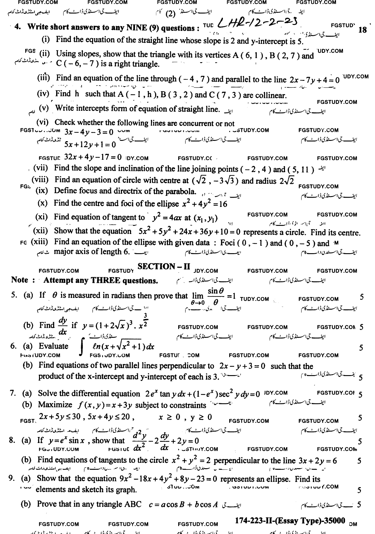 12th Class Mathematics Past Paper 2023 Lahore Board Group 2 Subjective