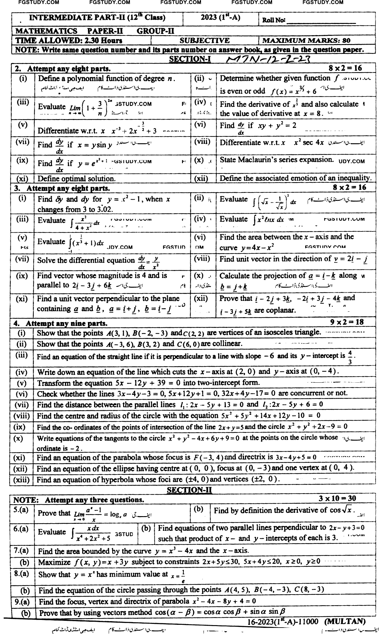 12th Class Mathematics Past Paper 2023 Multan Board Group 2 Subjective