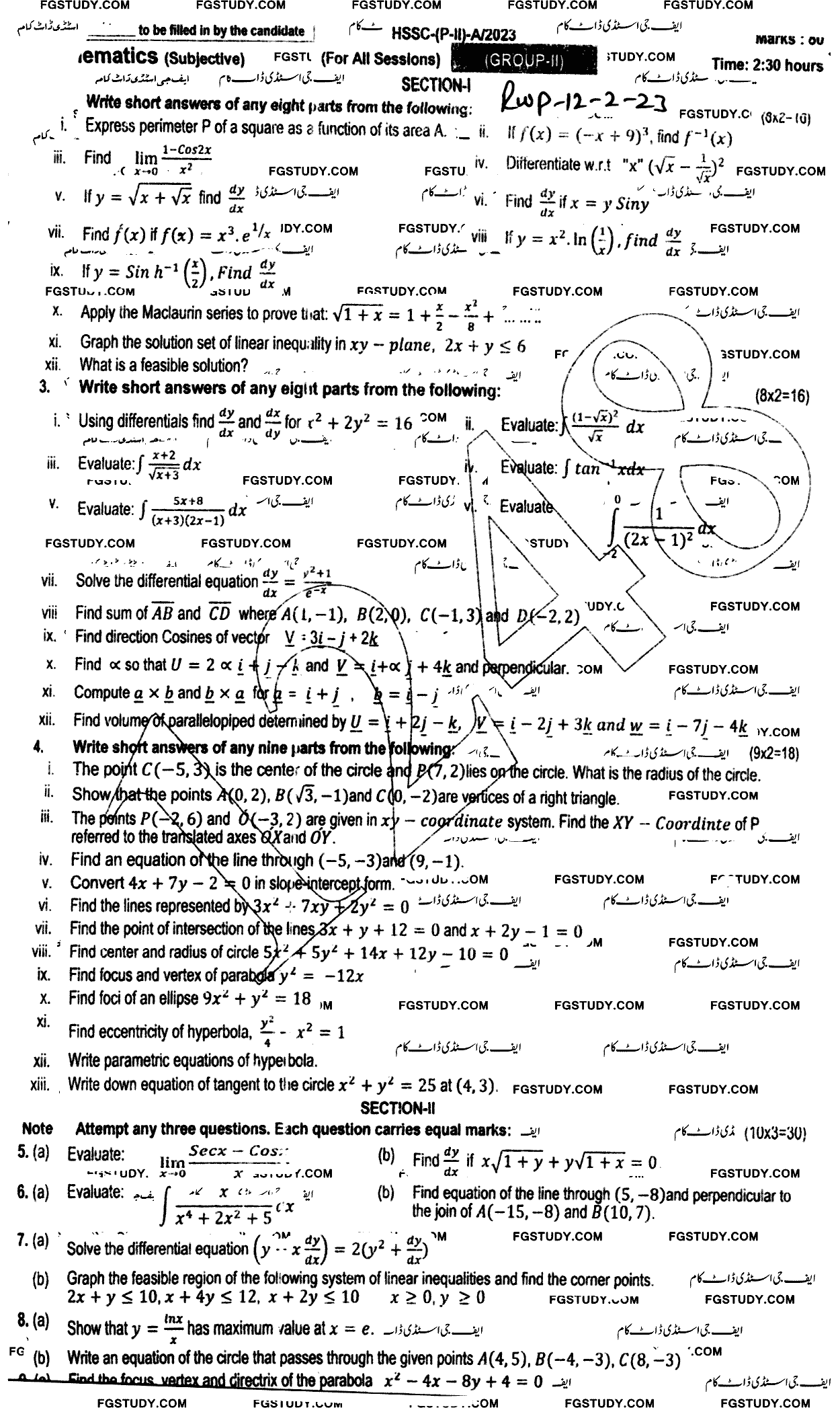 12th Class Mathematics Past Paper 2023 Rawalpindi Board Group 2 Subjective