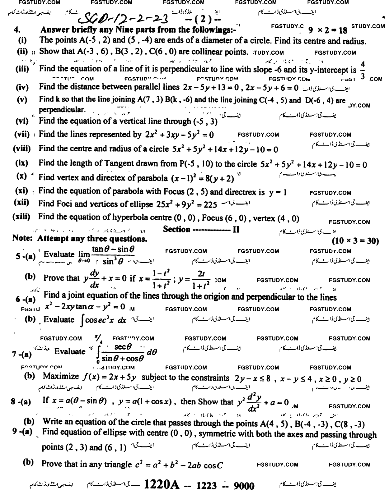 12th Class Mathematics Past Paper 2023 Sargodha Board Group 2 Subjective