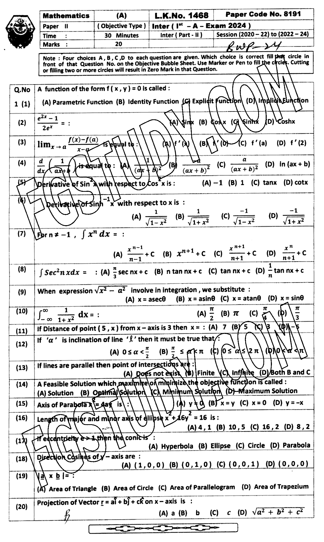 12th Class Mathematics Past Paper 2024 Bahawalpur Board Objective