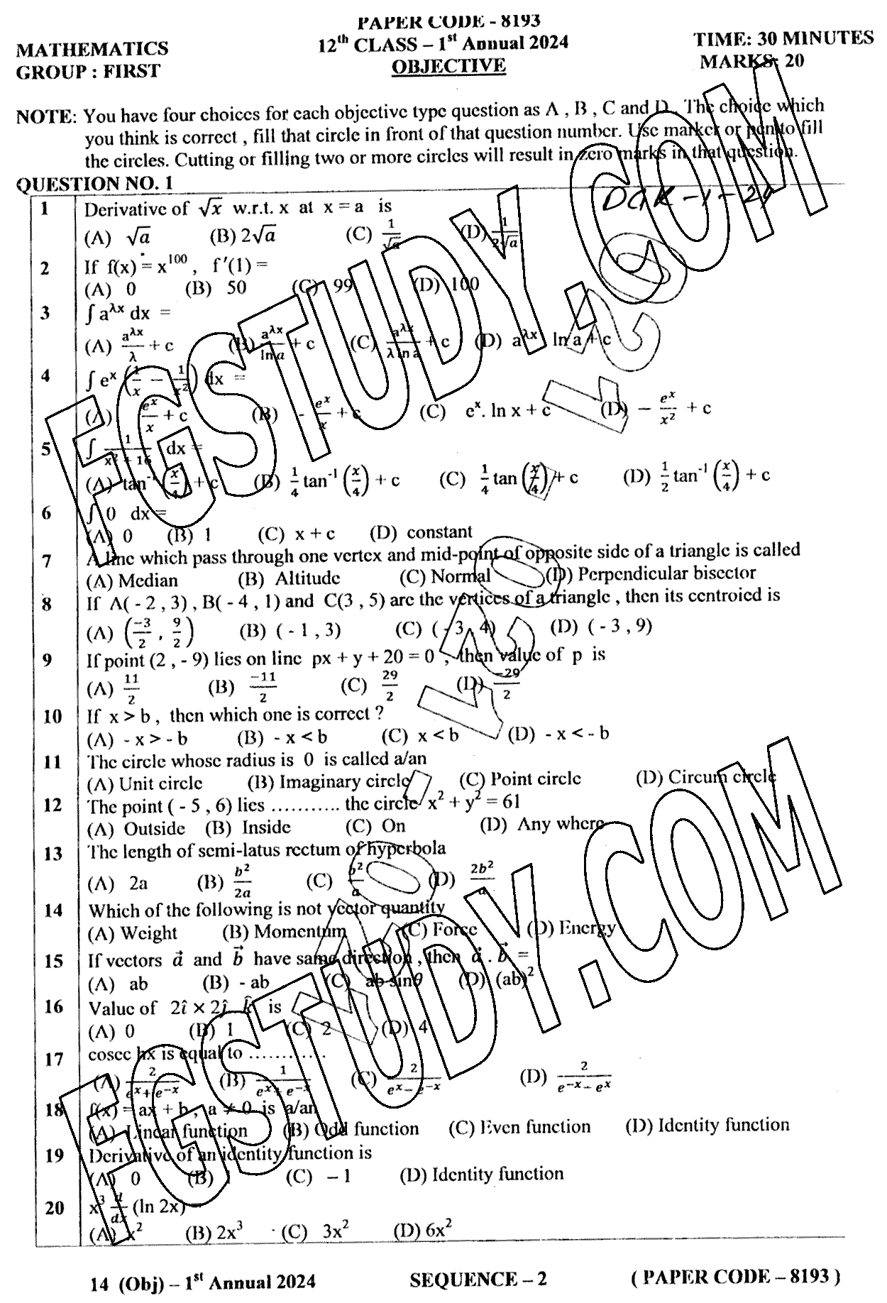 12th Class Mathematics Past Paper 2024 Dg Khan Board Group 1 Objective