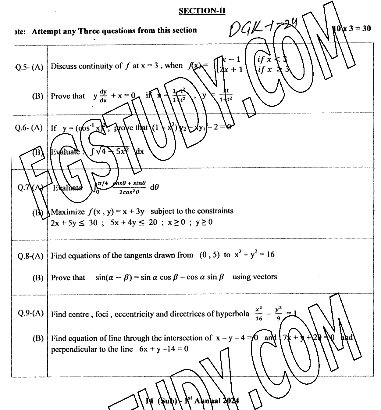 12th Class Mathematics Past Paper 2024 Dg Khan Board Group 1 Subjective
