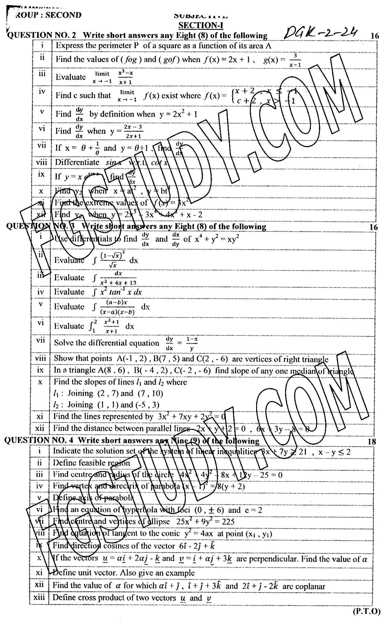 12th Class Mathematics Past Paper 2024 Dg Khan Board Group 2 Subjective
