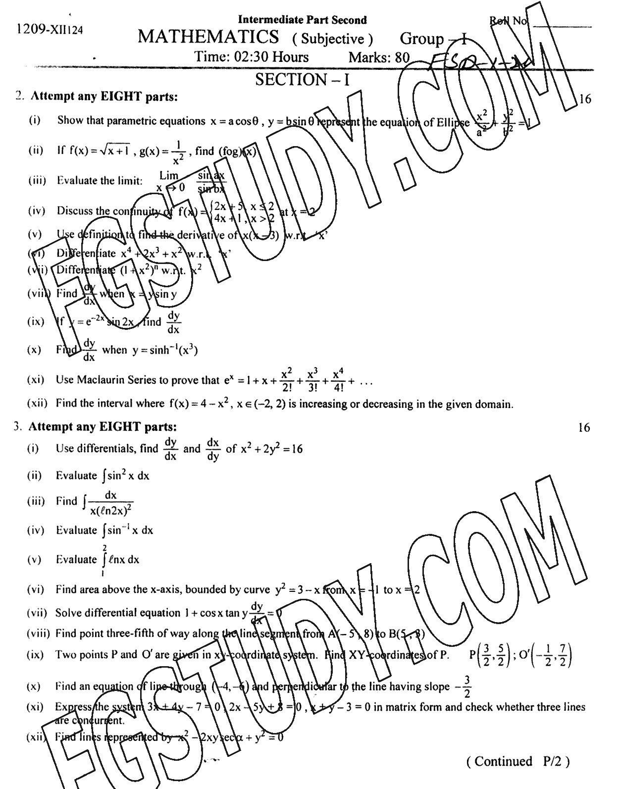 12th Class Mathematics Past Paper 2024 Faisalabad Board Group 1 Subjective