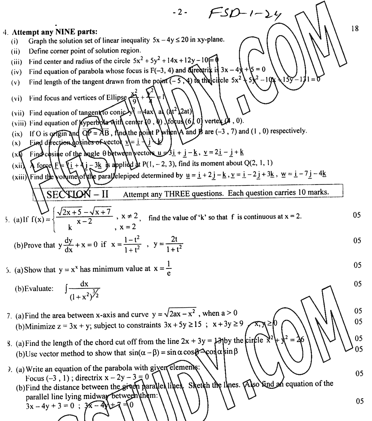 12th Class Mathematics Past Paper 2024 Faisalabad Board Group 1 Subjective