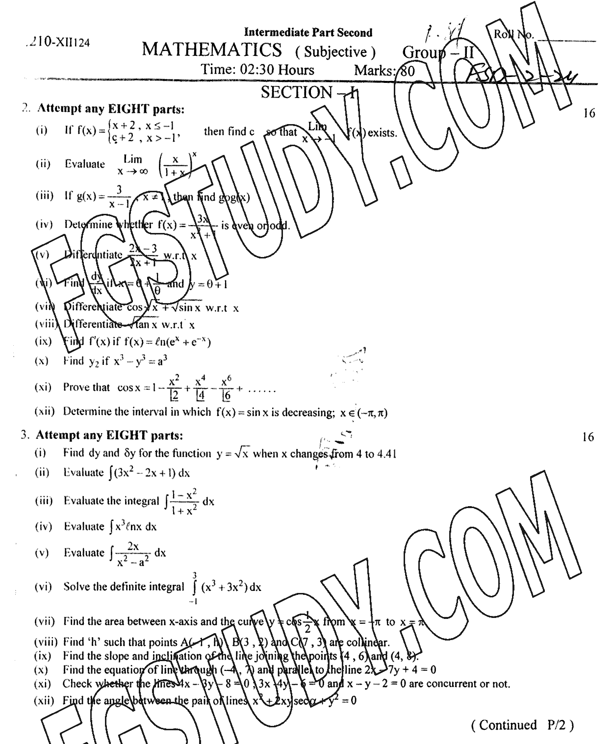 12th Class Mathematics Past Paper 2024 Faisalabad Board Group 2 Subjective