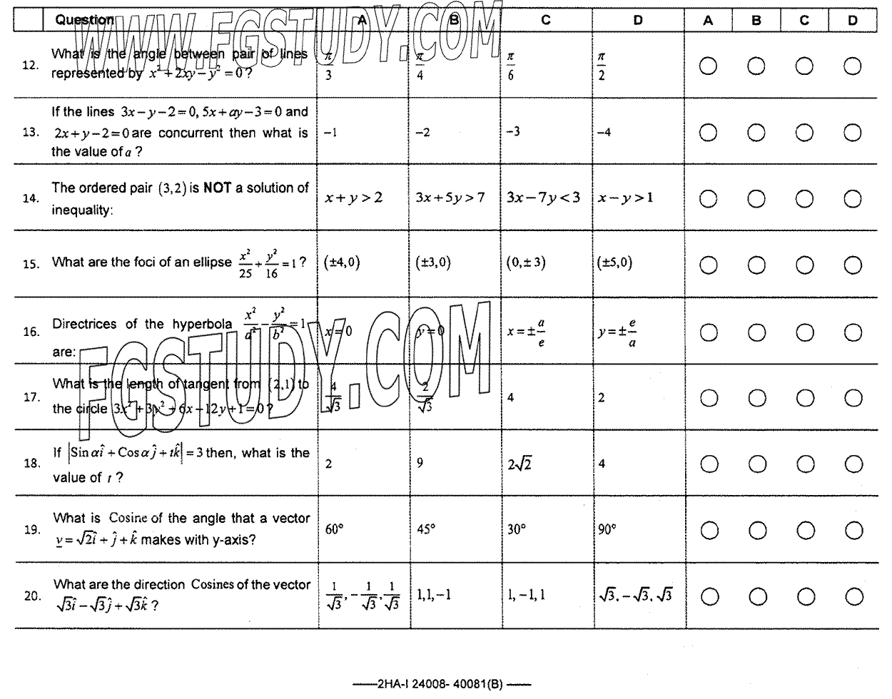 12th Class Mathematics Past Paper 2024 Federal Board Islamabad Group 1 Objective