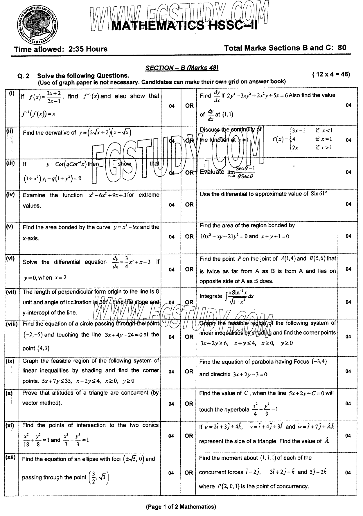 12th Class Mathematics Past Paper 2024 Federal Board Islamabad Group 1 Subjective