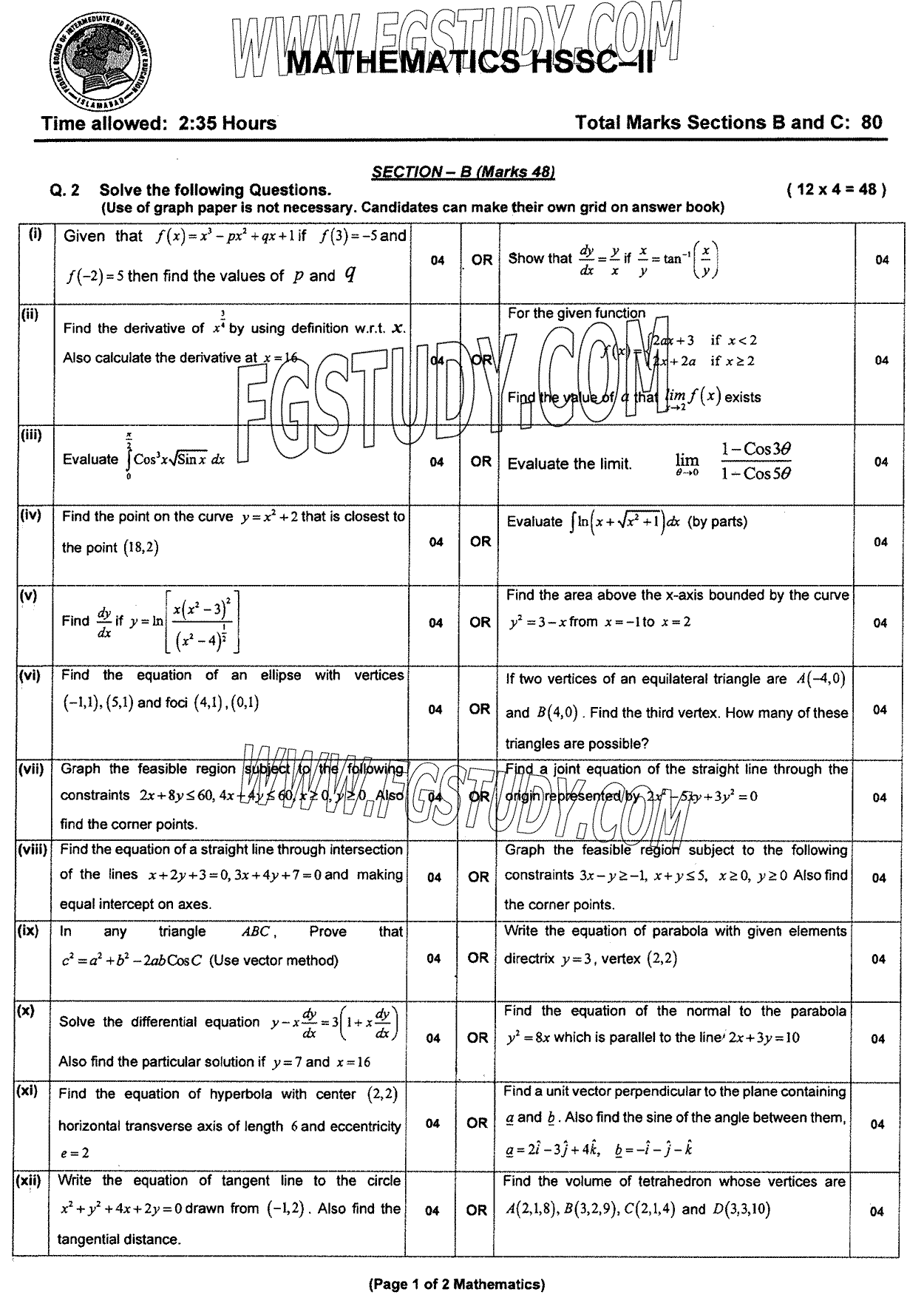 12th Class Mathematics Past Paper 2024 Federal Board Islamabad Group 2 Subjective