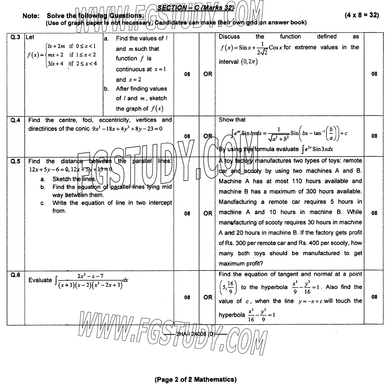12th Class Mathematics Past Paper 2024 Federal Board Islamabad Group 2 Subjective