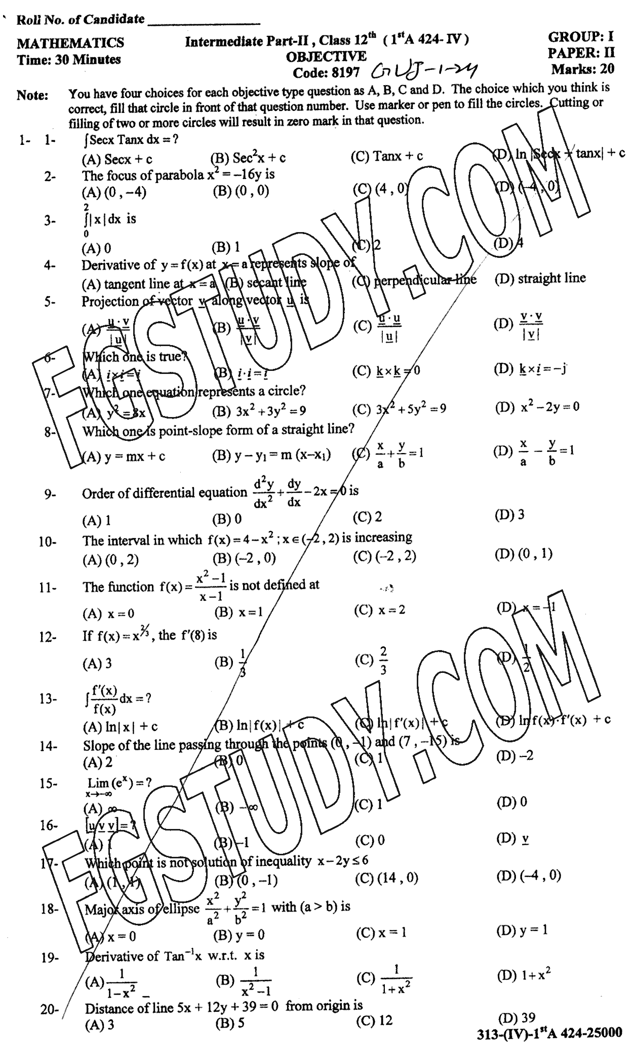 12th Class Mathematics Past Paper 2024 Gujranwala Board Group 1 Objective