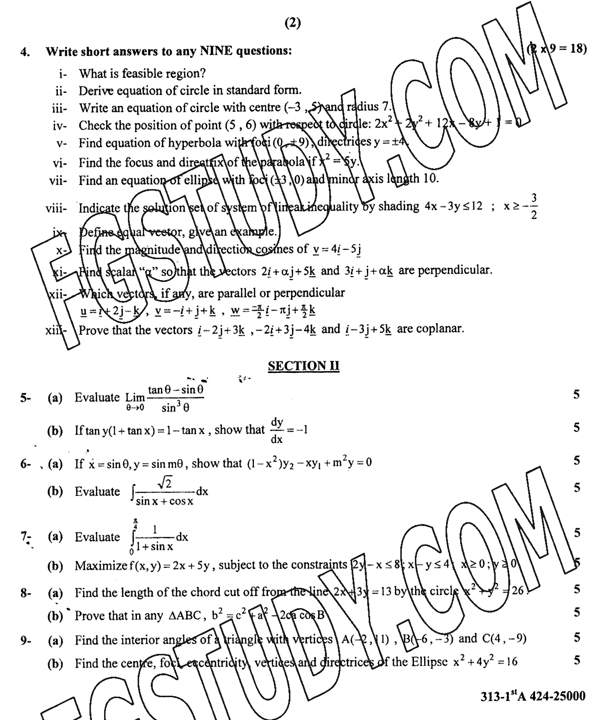 12th Class Mathematics Past Paper 2024 Gujranwala Board Group 1 Subjective