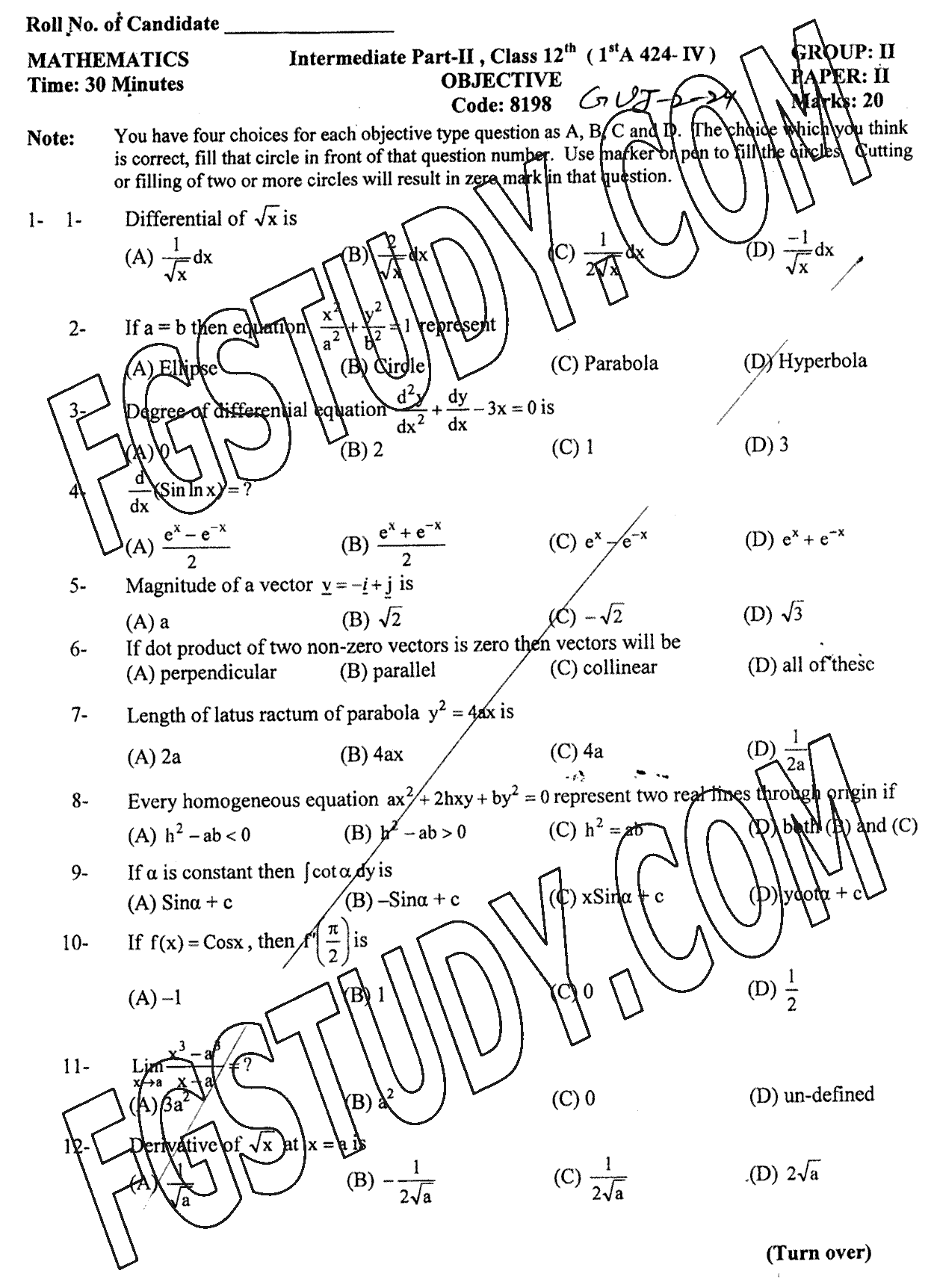 12th Class Mathematics Past Paper 2024 Gujranwala Board Group 2 Objective