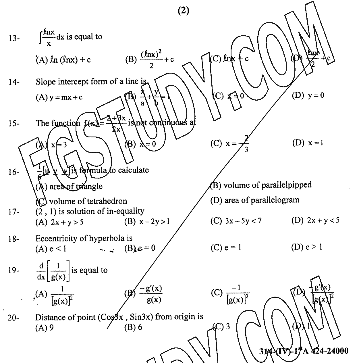 12th Class Mathematics Past Paper 2024 Gujranwala Board Group 2 Objective