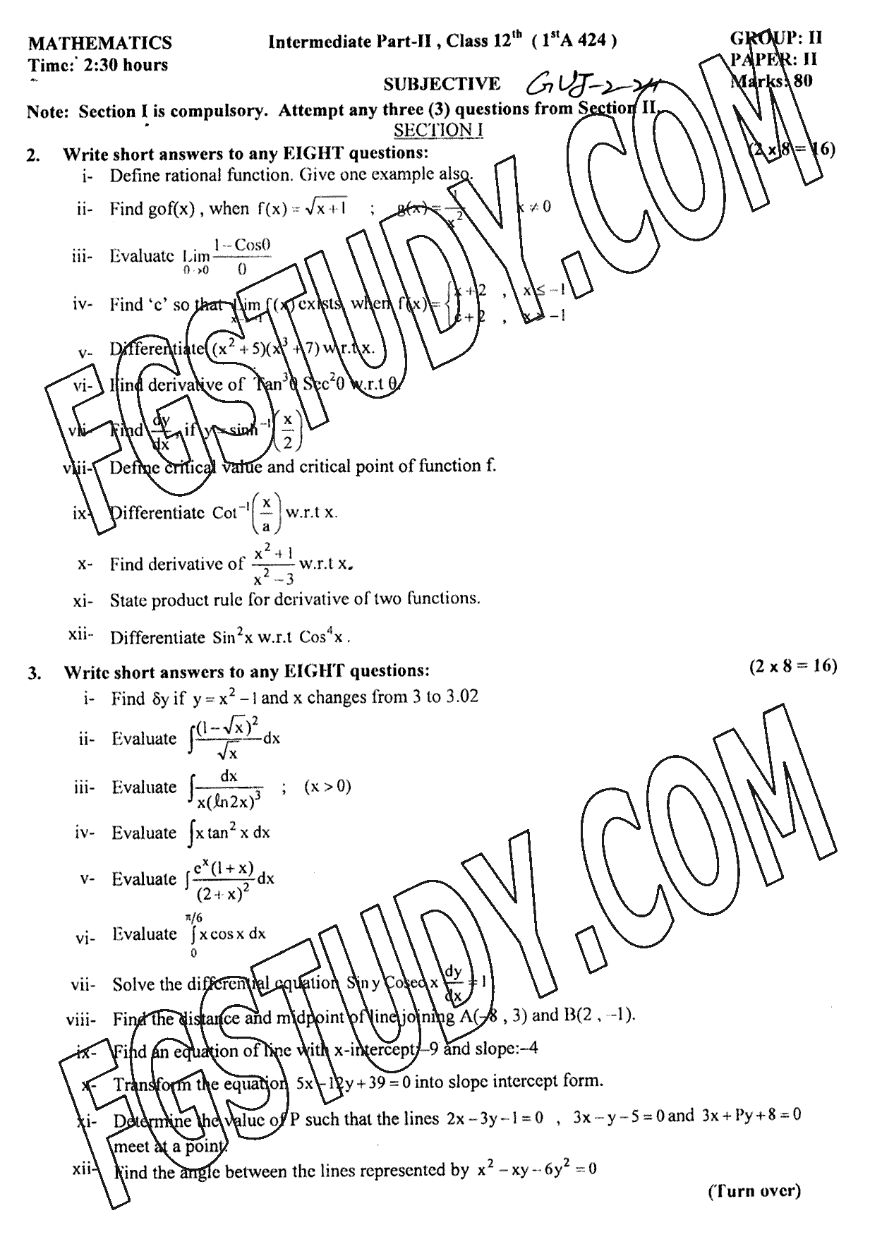 12th Class Mathematics Past Paper 2024 Gujranwala Board Group 2 Subjective