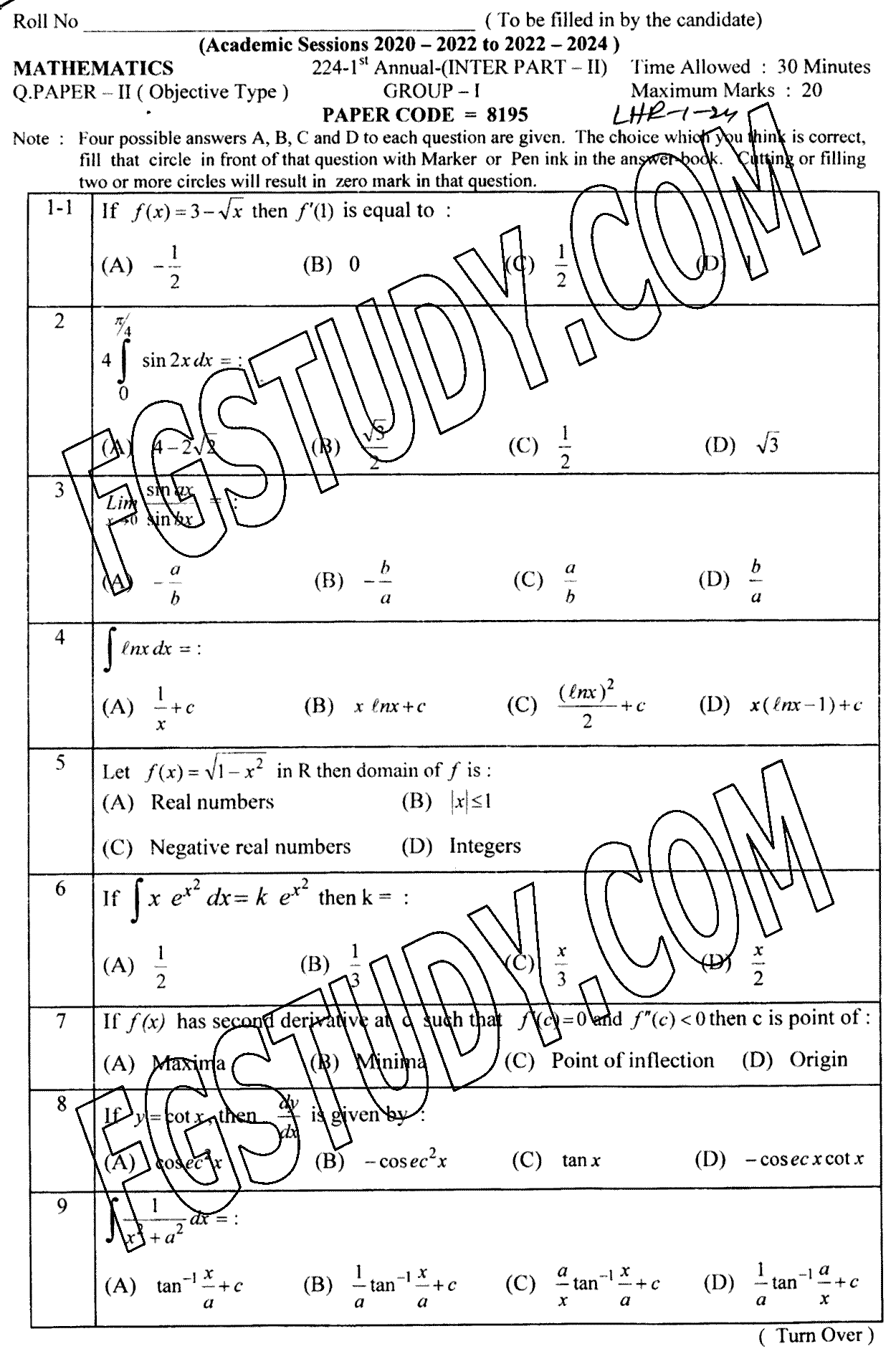 12th Class Mathematics Past Paper 2024 Lahore Board Group 1 Objective