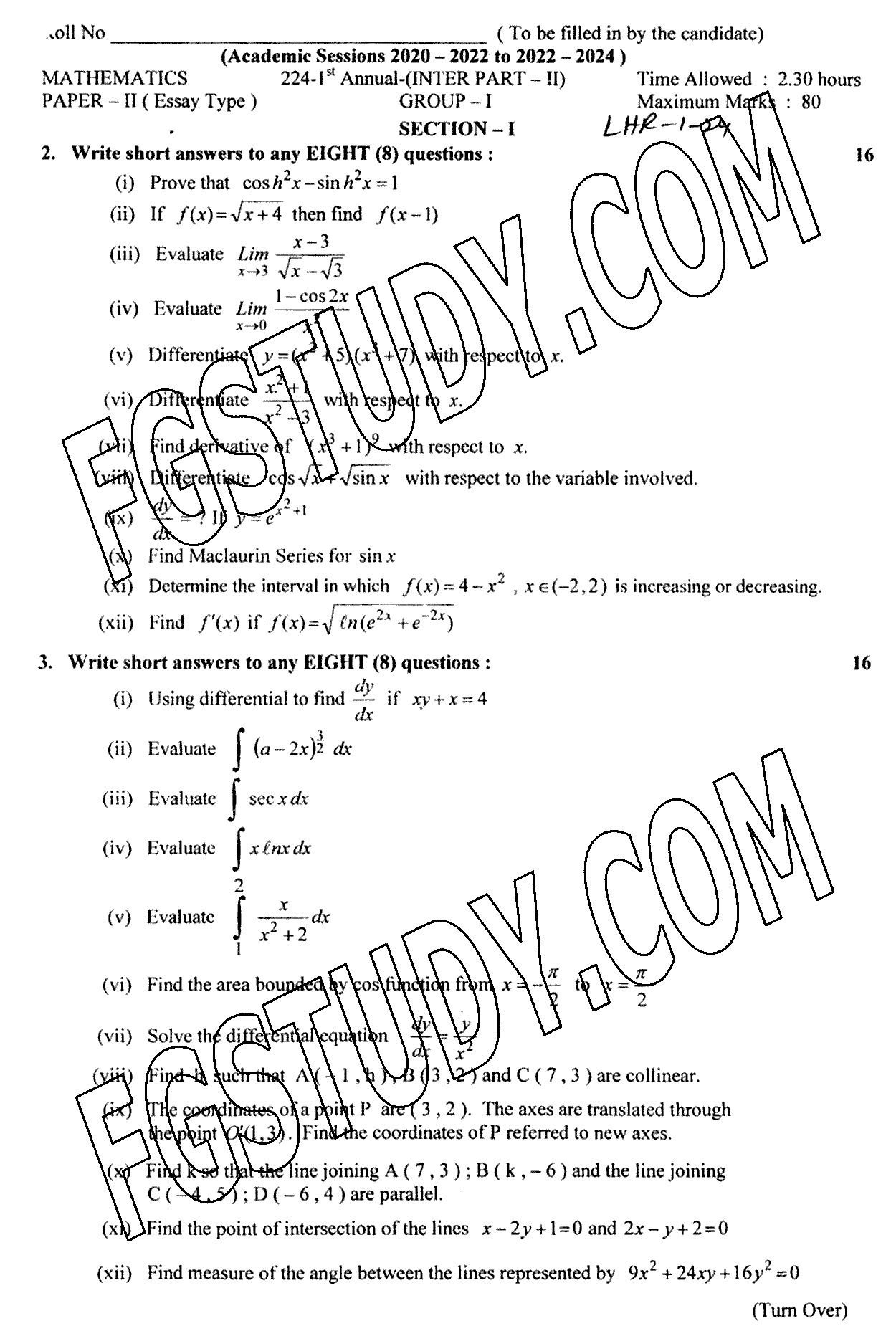 12th Class Mathematics Past Paper 2024 Lahore Board Group 1 Subjective