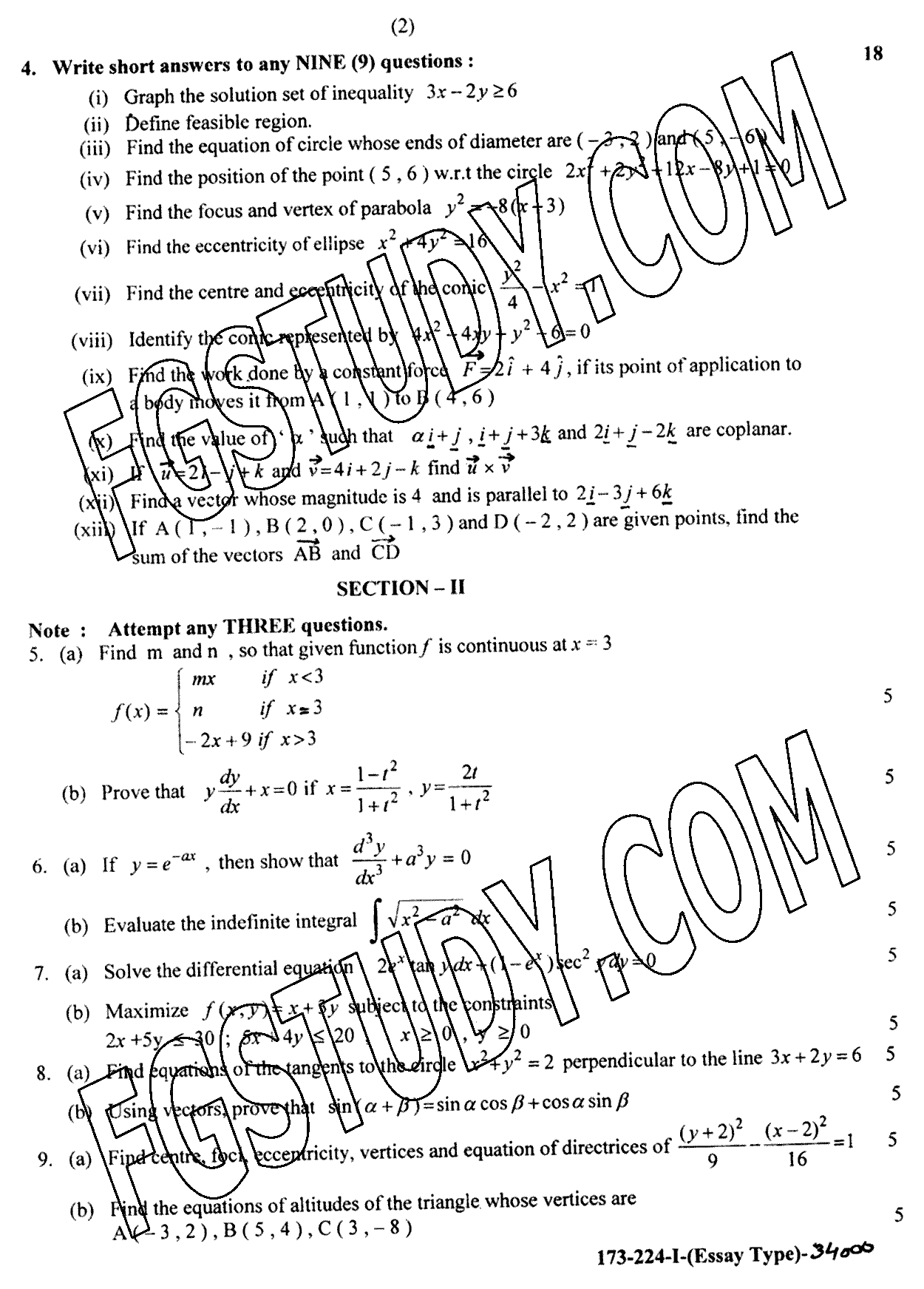 12th Class Mathematics Past Paper 2024 Lahore Board Group 1 Subjective