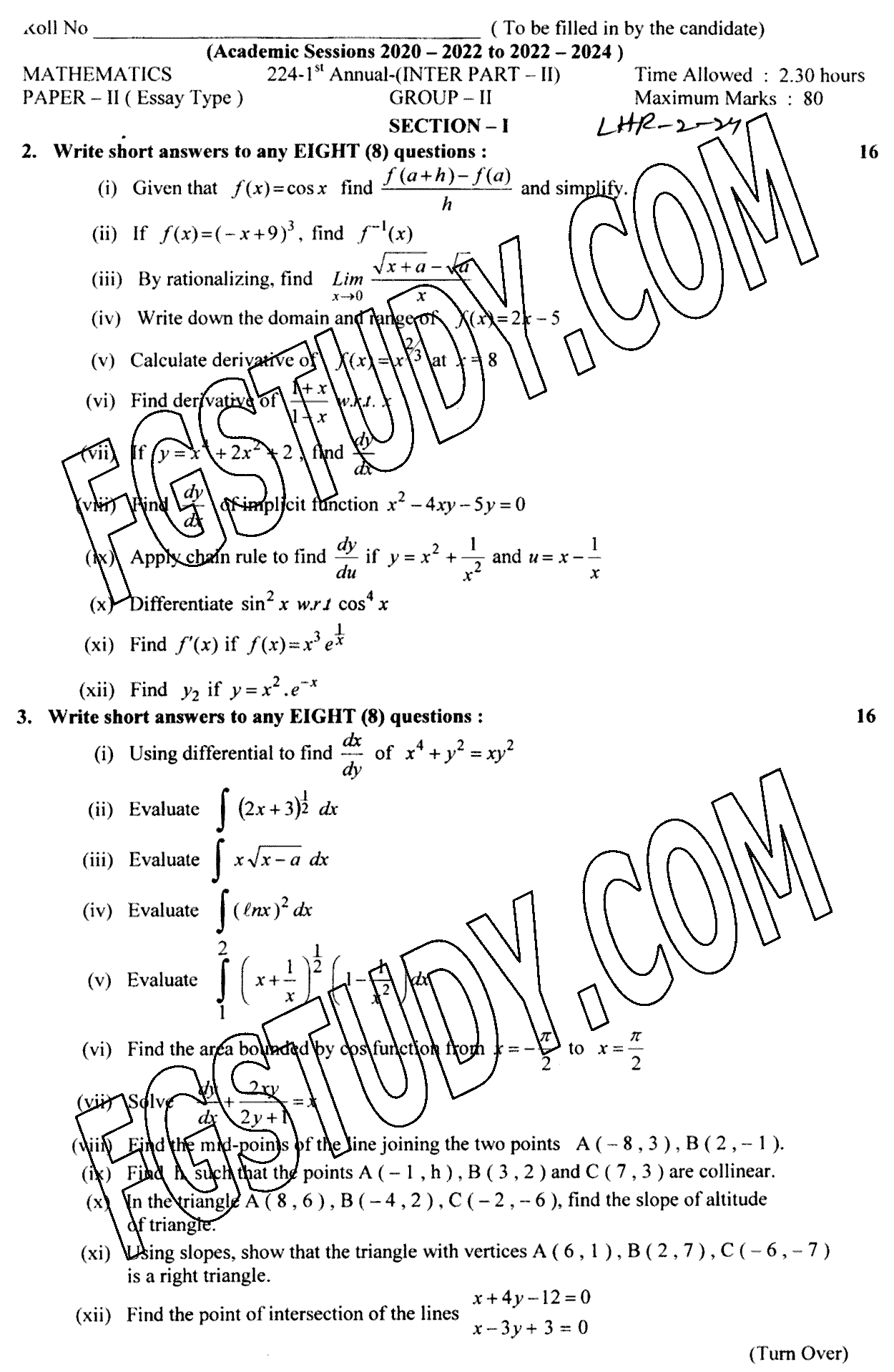12th Class Mathematics Past Paper 2024 Lahore Board Group 2 Subjective