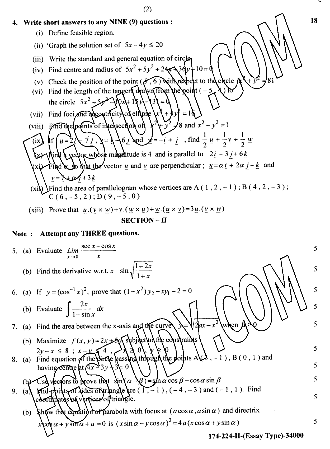 12th Class Mathematics Past Paper 2024 Lahore Board Group 2 Subjective