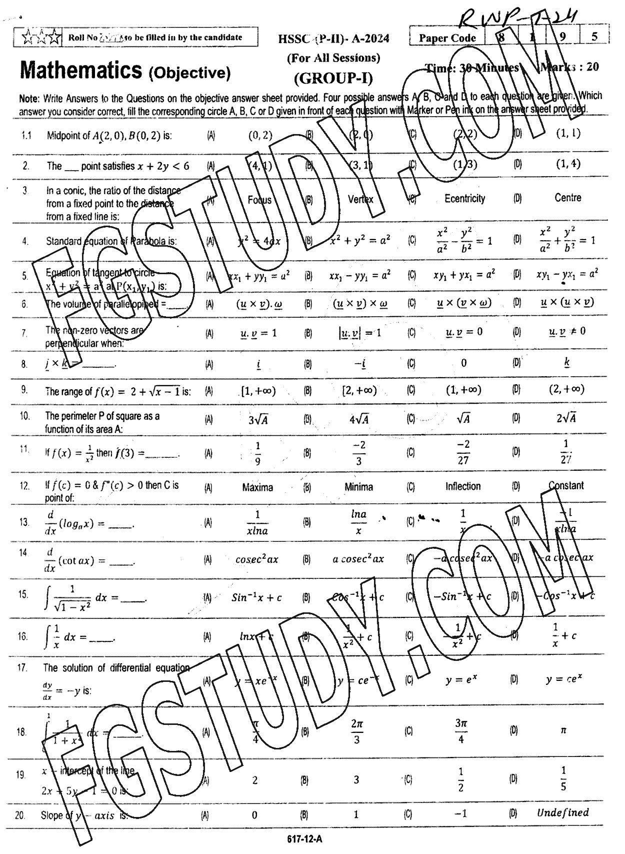 12th Class Mathematics Past Paper 2024 Rawalpindi Board Group 1 Objective