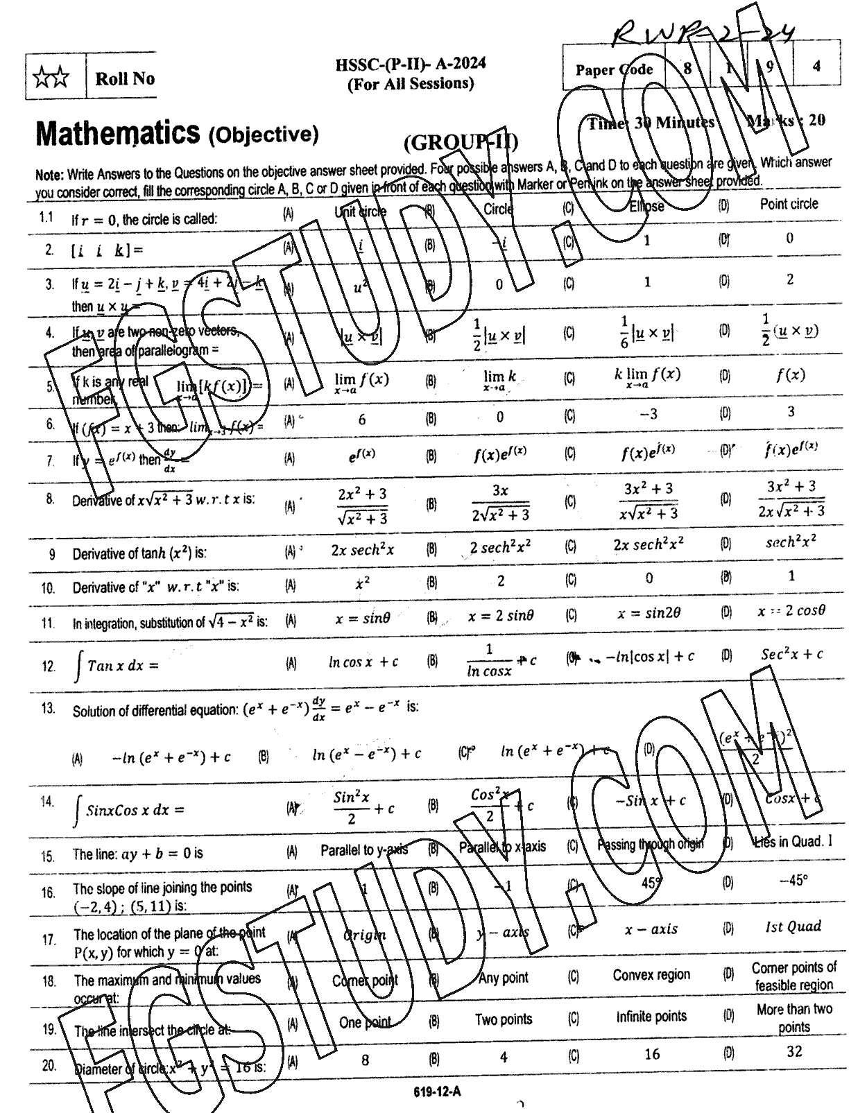 12th Class Mathematics Past Paper 2024 Rawalpindi Board Group 2 Objective