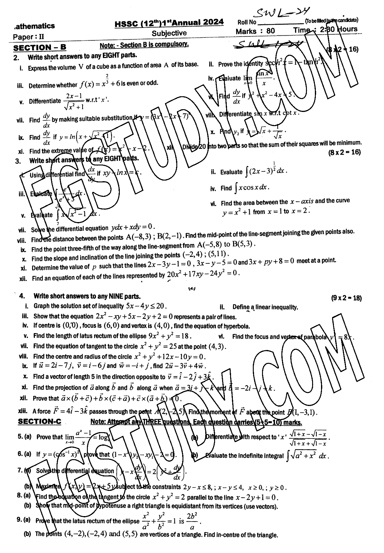 12th Class Mathematics Past Paper 2024 Sahiwal Board Subjective