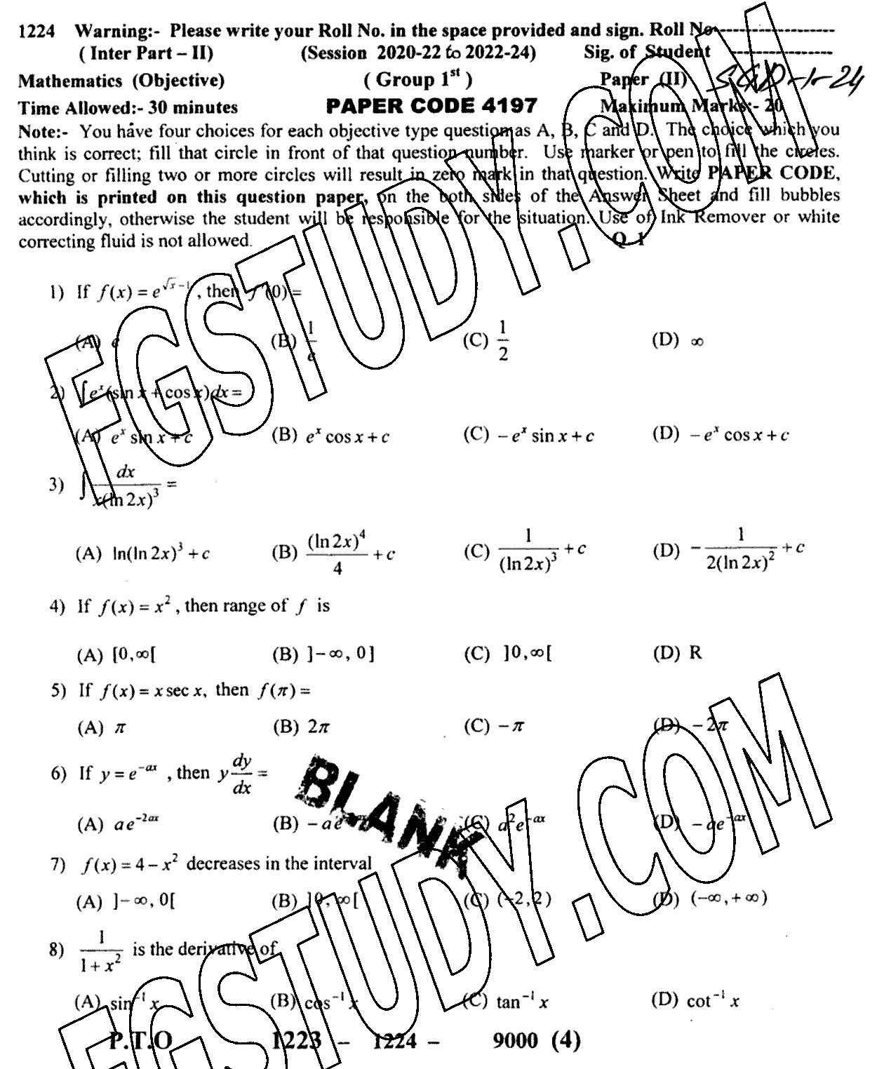 12th Class Mathematics Past Paper 2024 Sargodha Board Group 1 Objective
