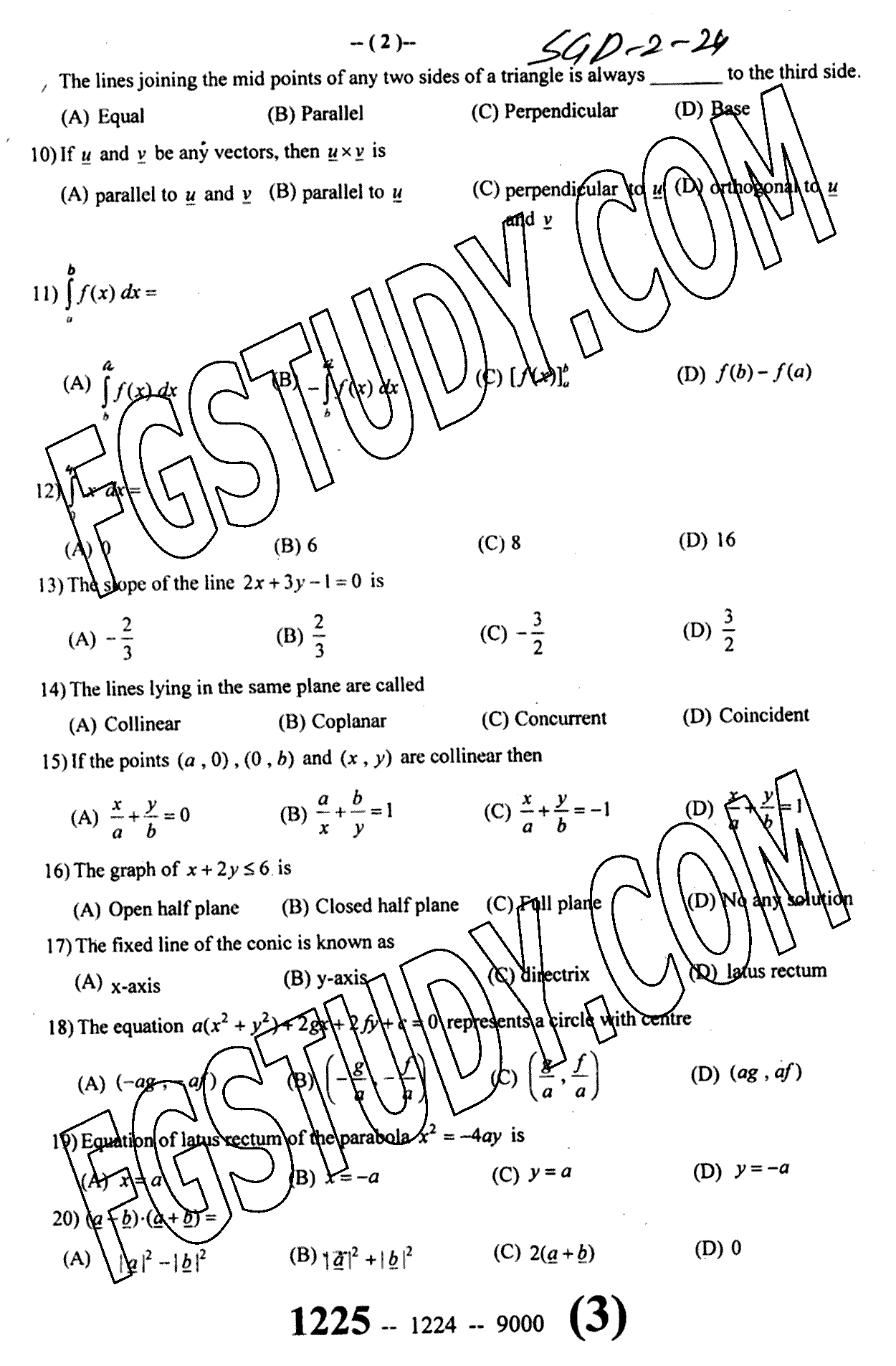 12th Class Mathematics Past Paper 2024 Sargodha Board Group 2 Objective