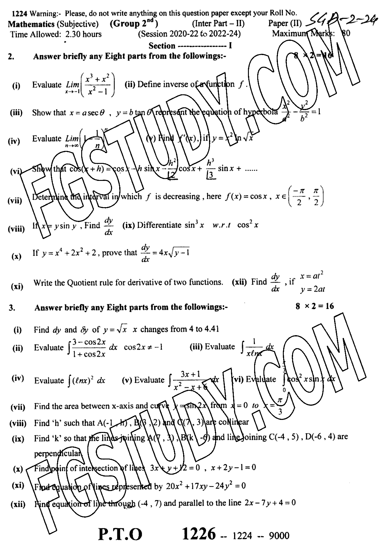 12th Class Mathematics Past Paper 2024 Sargodha Board Group 2 Subjective