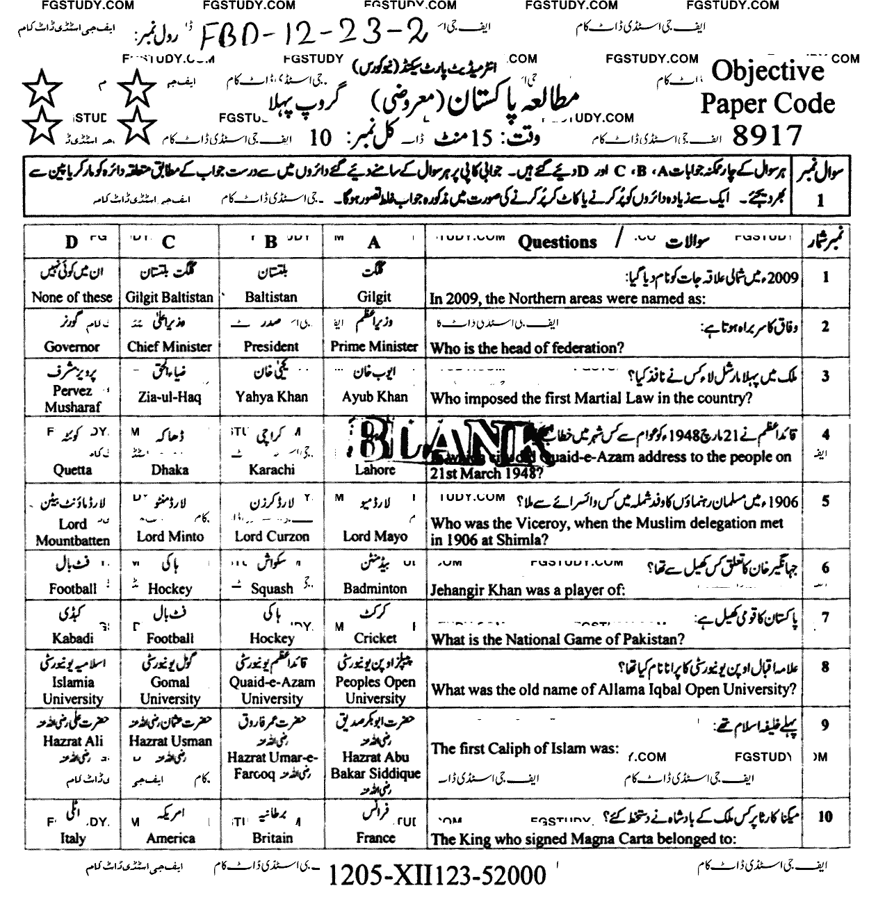 12th Class Pakistan Studies Past Paper 2023 Faisalabad Board Group 1 Objective